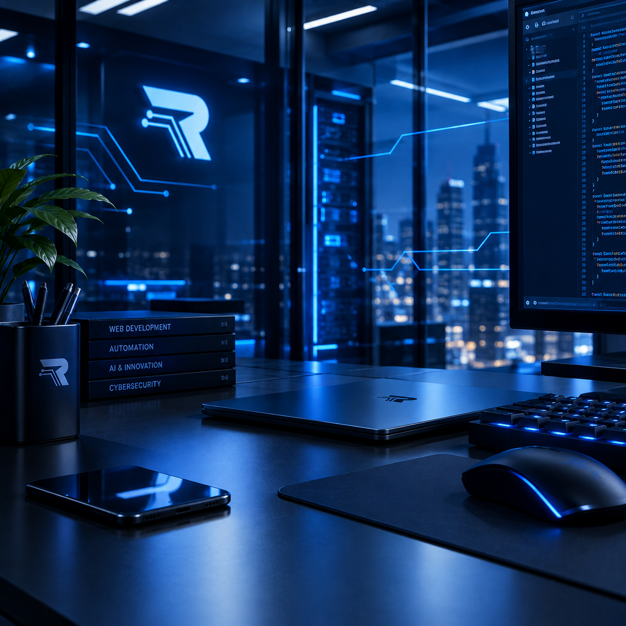 Illustration of a blue technology studio with the Radical logo